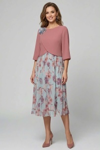 Rochie eleganta cu imprimeu floral R 16 roz prafuit