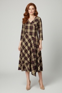 Rochie de zi din tesatura in carouri R 46 maro-bej