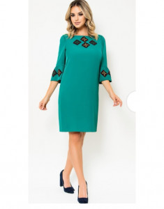 Rochie de zi din tesatura uni verde, cu aplicatii cu motiv traditional - Img 1