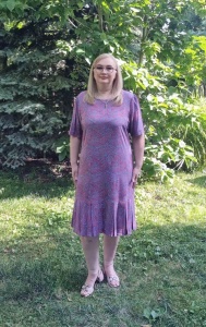 Rochie midi albastra din viscoza cu croi drept si imprimeu corai - Img 1