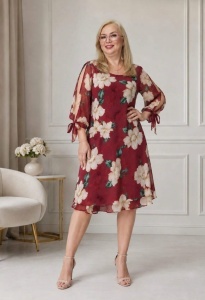 Rochie midi din voal eleganta R520 burgundy cu imprimeu floral