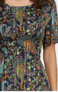 Rochie Oana bleumarin cu imprimeu floral si insertii din lurex lunga - Img 2