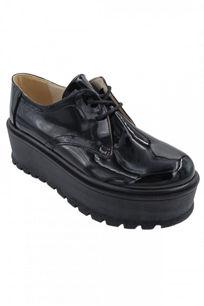 Pantofi oxford dama, piele naturala lacuit, talpa usoara inalta, negru, SANDALI