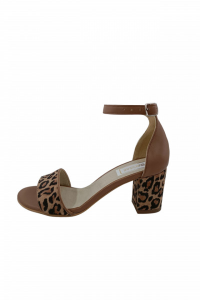 Sandale dama eleganti, piele naturala, toc mediu gros, imprimeu de leopard, bej inchis, Sandali