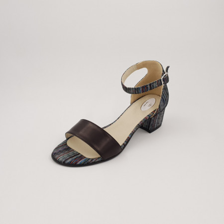 Sandale dama eleganti, piele naturala, toc mic gros, negru cu linii colorate, Sandali