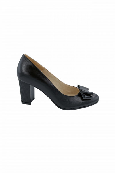 Pantofi dama eleganti, piele naturala, funda, toc mediu gros striati, negru, Sandali