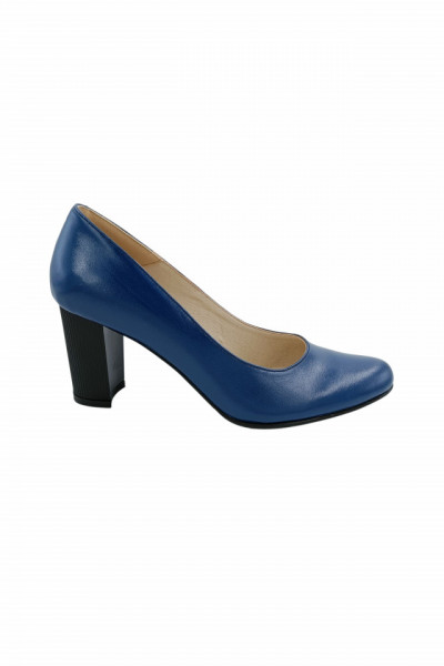 Pantofi dama eleganti, piele naturala, toc mediu gros, cu striati, albastru, Sandali