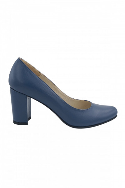 Pantofi dama eleganti, piele naturala box, toc mediu gros imbracat, albastru. SANDALI