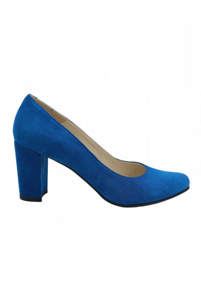 Pantofi dama eleganti, piele naturala velur, toc mediu gros imbracat, albastru. SANDALI