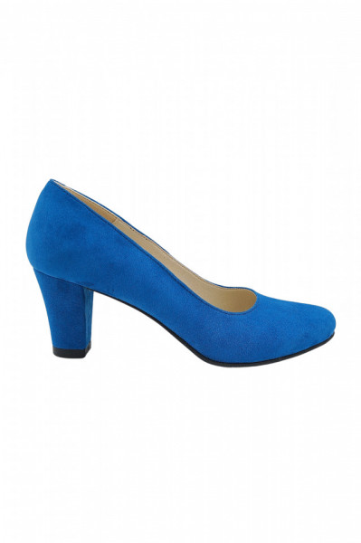 Pantofi dama eleganti, piele naturala velur, toc mediu gros imbracat, albastru, SANDALI