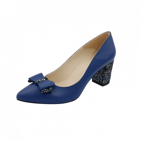 Pantofi dama eleganti, stiletto, piele naturala, toc gros imbracat, funda, albastru cu flori albastre, Sandali