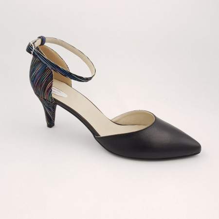 Pantofi sanda dama eleganti, piele naturala, toc cui, imbracat, negru cu dungi colorate, Sandali