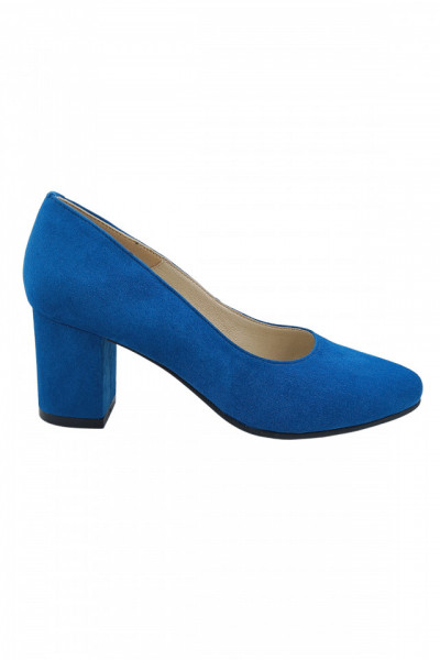 Pantofi dama eleganti, piele naturala velur, toc gros imbracat, albastru. SANDALI