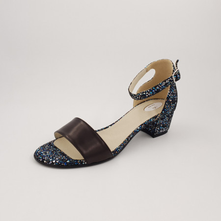 Sandale dama eleganti, piele naturala, toc mic gros, negru cu flori albastre, Sandali