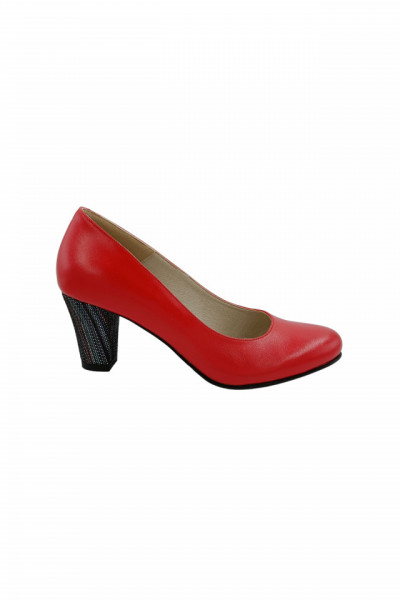 Pantofi dama eleganti, piele naturala rosu, toc mediu gros imbracat cu linii colorate, Sandali