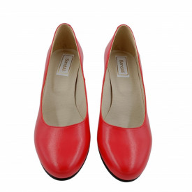 Pantofi dama eleganti, piele naturala rosu, toc mediu gros imbracat cu linii colorate, Sandali