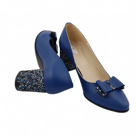Pantofi dama eleganti, piele naturala, toc gros imbracat, funda, albastru cu flori albastre, Sandali