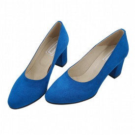Pantofi dama eleganti, piele naturala velur, toc gros imbracat, albastru. SANDALI