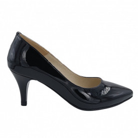 Pantofi dama eleganti, stiletto, piele naturala lacuita, toc cui, negru, SANDALI