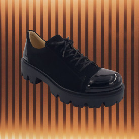 Pantofi dama, SandAli, piele naturala velur, cu siret, talpa usoara, crampoane, lacuit, negru