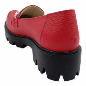 Pantofi mocasini dama, piele naturala bizon, ornament lant, rosu. SANDALI