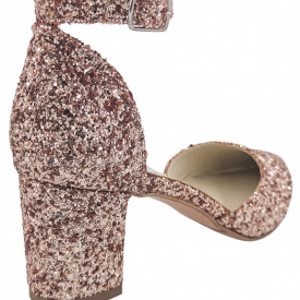 Pantofi sanda dama eleganti, piele naturala glitter roz, toc gros imbracat, bej. SANDALI