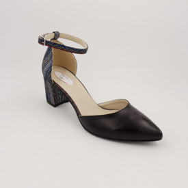 Pantofi sanda dama eleganti, piele naturala, toc gros, imbracat, negru cu linii colorate, Sandali