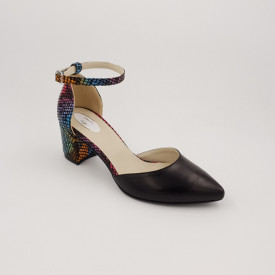 Pantofi sanda dama eleganti, piele naturala, toc gros, imbracat, negru cu sarpe colorat, Sandali