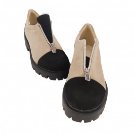 Pantofi dama casual, piele naturala velur, cu fermoar, talpa usoara, crampoane, bej, negru, Sandali
