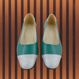 Pantofi dama eleganti, piele naturala box, toc gros, varf migdalat, glitter argintiu, verde, Sandali