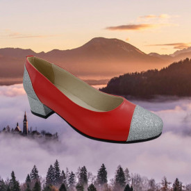 Pantofi dama eleganti, piele naturala box, toc gros, varf rotund, glitter argintiu, rosu, Sandali