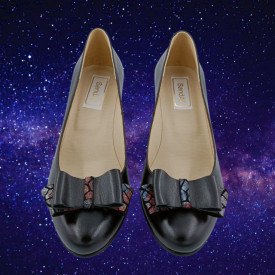 Pantofi dama eleganti, piele naturala, funda imprimeu mozaic, toc mediu gros striati, negru, Sandali