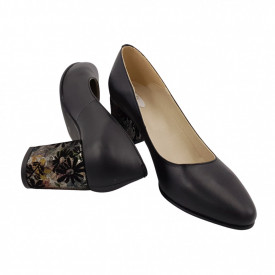 Pantofi dama eleganti, piele naturala, toc gros imbracat, negru cu flori, Sandali