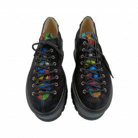 Pantofi oxford dama, SandAli, piele naturala velur, talpa inalta, negru, buline colorate
