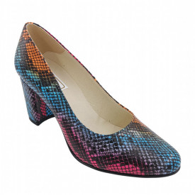 Pantofi dama eleganti, piele naturala imprimeu sarpe, toc mediu gros imbracat, multicolor, SANDALI