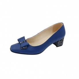 Pantofi dama eleganti, varf patrat, piele naturala, toc gros imbracat, funda, albastru cu flori albastre, Sandali