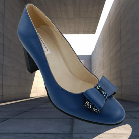 Pantofi dama, SandAli, piele naturala, funda imprimeu flori albastre, toc mediu gros striati, albastru