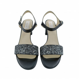 Sandale dama eleganti, piele naturala, toc mediu gros, barete, cu glitter argintiu, negru, Sandali