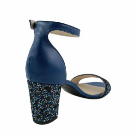 Sandale dama eleganti, piele naturala, toc mediu gros, imprimeu de flori albastre, albastru, Sandali