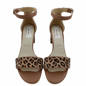 Sandale dama eleganti, piele naturala, toc mediu gros, imprimeu de leopard, bej inchis, Sandali