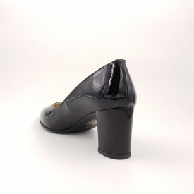 Pantofi dama eleganti, piele naturala lacuit, toc gros, negru, Sandali