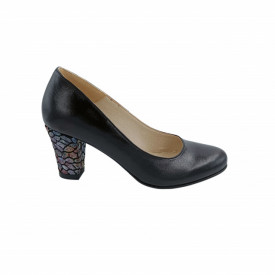 Pantofi dama eleganti, piele naturala neagra, toc mediu gros imbracat imprimeu mozaic, Sandali