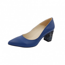 Pantofi dama eleganti, stiletto, piele naturala, toc gros imbracat, albastru cu flori albastre, Sandali