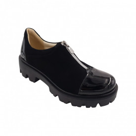 Pantofi dama, SandAli, piele naturala velur, cu fermoar, talpa usoara, crampoane, lacuit, negru