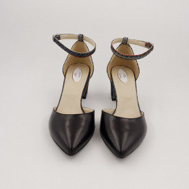 Pantofi sanda dama eleganti, piele naturala, toc gros, imbracat, negru cu linii colorate, Sandali