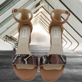 Sandale dama eleganti, piele naturala, toc mediu gros, cu imprimeu sarpe, bej inchis, Sandali