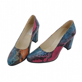 Pantofi dama eleganti, piele naturala imprimeu sarpe, toc mediu gros imbracat, multicolor, SANDALI