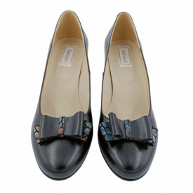 Pantofi dama eleganti, piele naturala, negru cu funda, toc mediu gros imbracat cu mozaic, Sandali