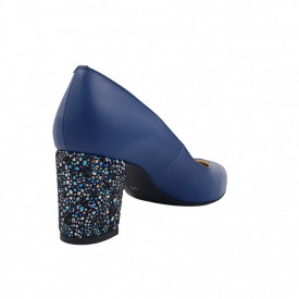 Pantofi dama eleganti, stiletto, piele naturala, toc gros imbracat, albastru cu flori albastre, Sandali