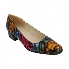 Pantofi dama, piele naturala, multicolor, cu imprimeu sarpe, toc mic, gros, SANDALI